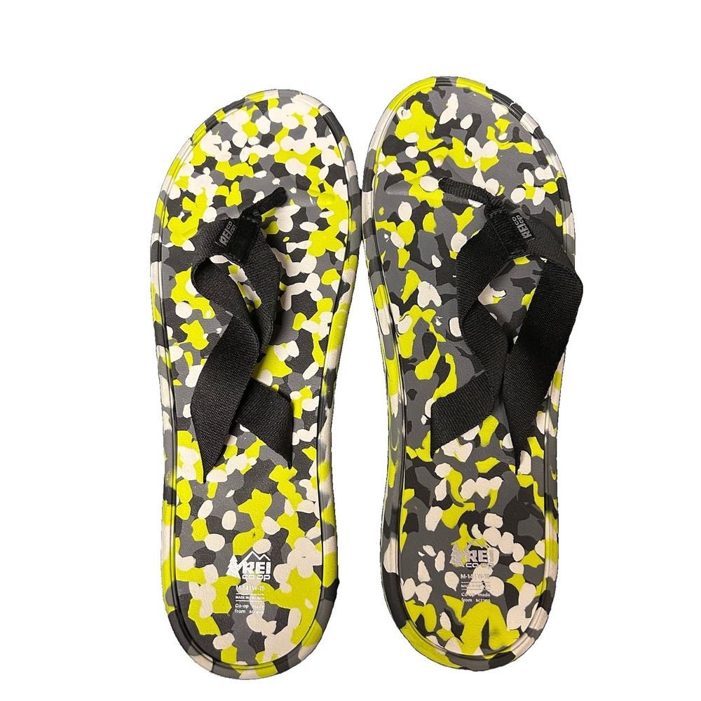 REI Co-op Men's Camo Thong Sandals Slip-On Gray/Black/Yellow/White US 14
